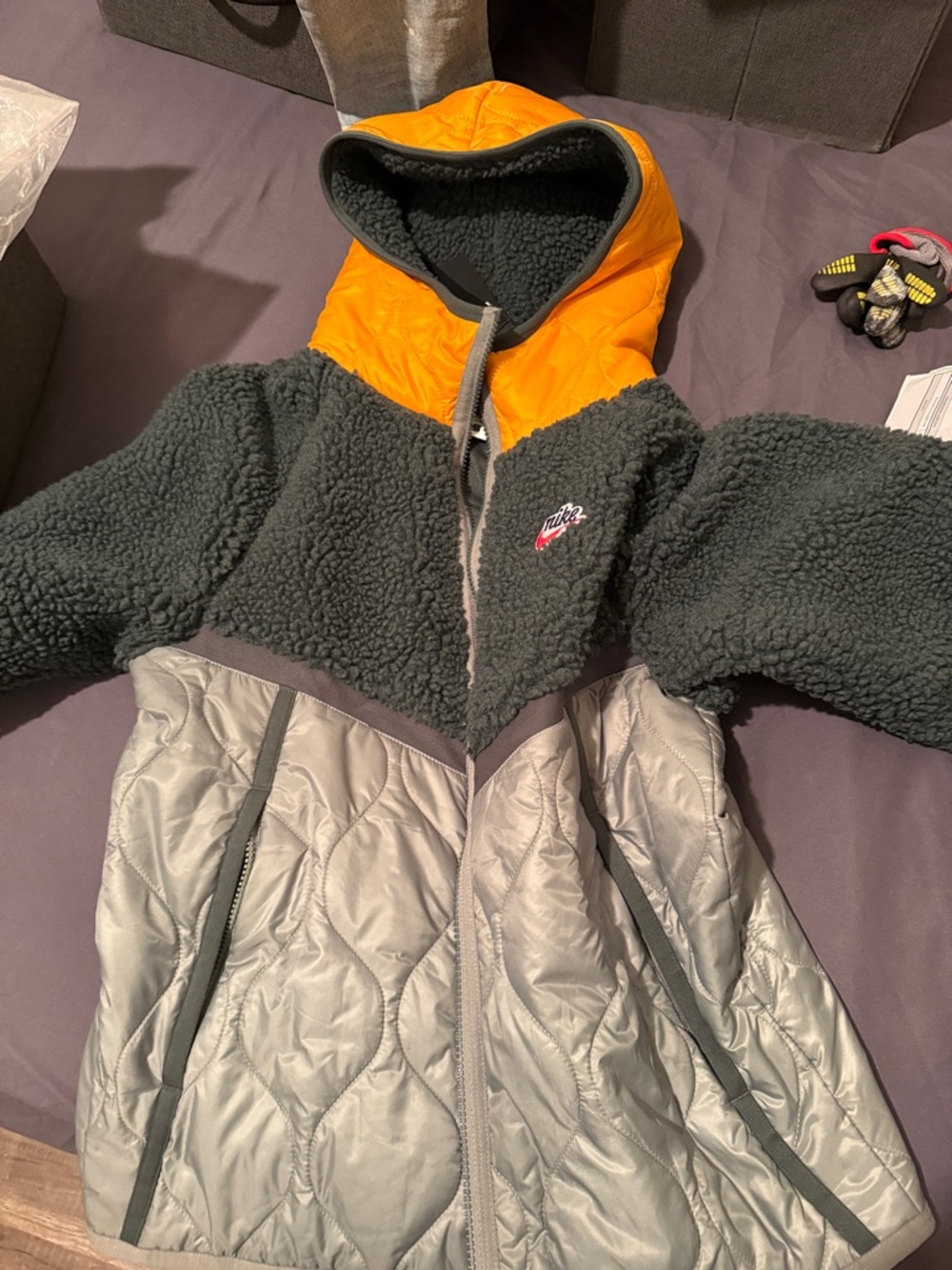 Nike Kids Hooded Colorblock Puffer-Sherpa Jacket - Orange, Gray & Charcoal
